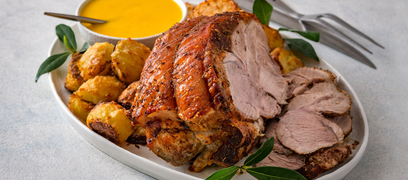 Roast Pork And Crackling With Peach Aioli And Crispy Roast Potatoes (GF)