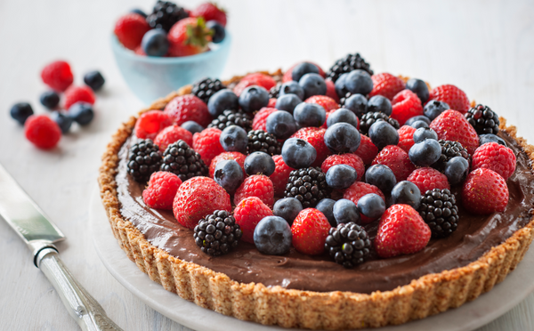 Chocolate mousse, toasted almond & mixed berry tart