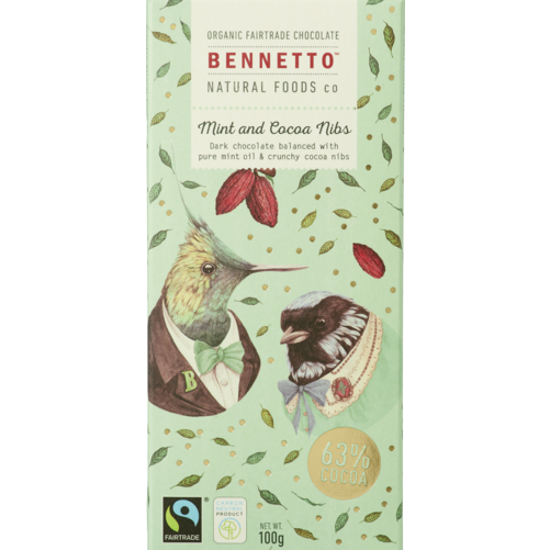 Dark Chocolate Mint & Cacao Nibs 80g - Bennetto