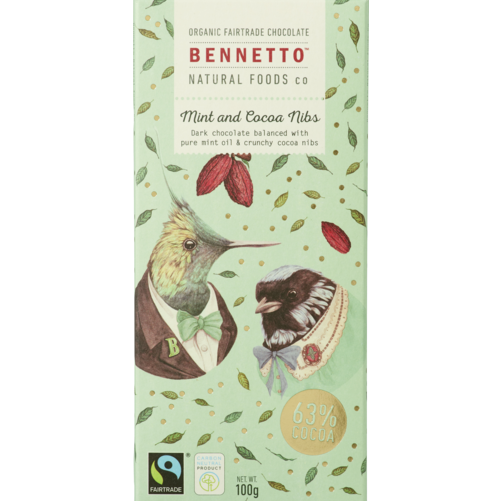 Dark Chocolate Mint & Cacao Nibs 100g - Bennetto