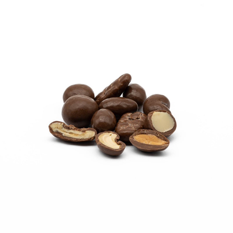 Roasted Almonds, Cashews, Pecans, and Macadamias coated milk chocolate.