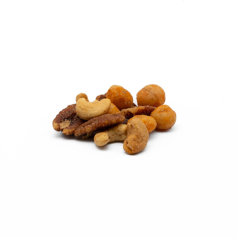 Salted Nuts Mix contanis Salted Cashews, Smoked Pecans and Spicy Macadamias