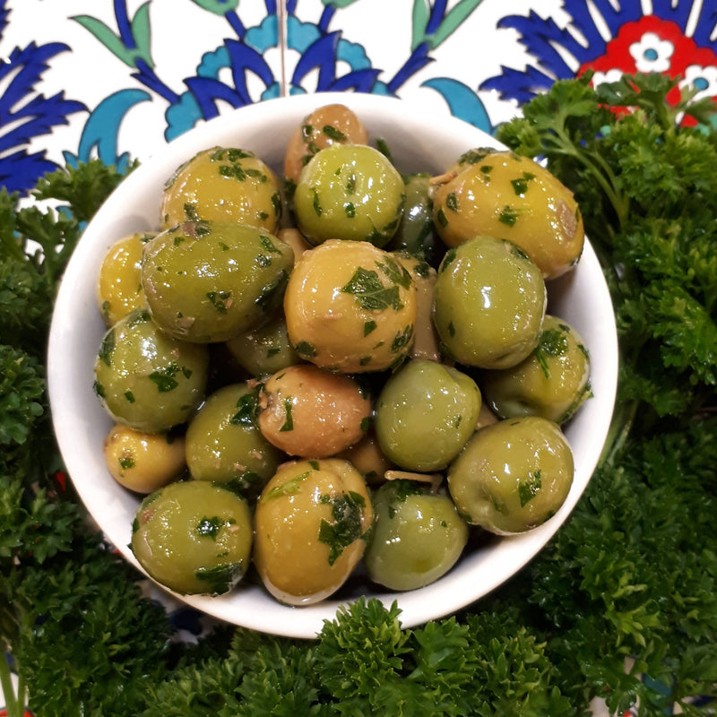 Mixed Green Olives Marinated with Herbs, Garlic & Capers ($35/kg)