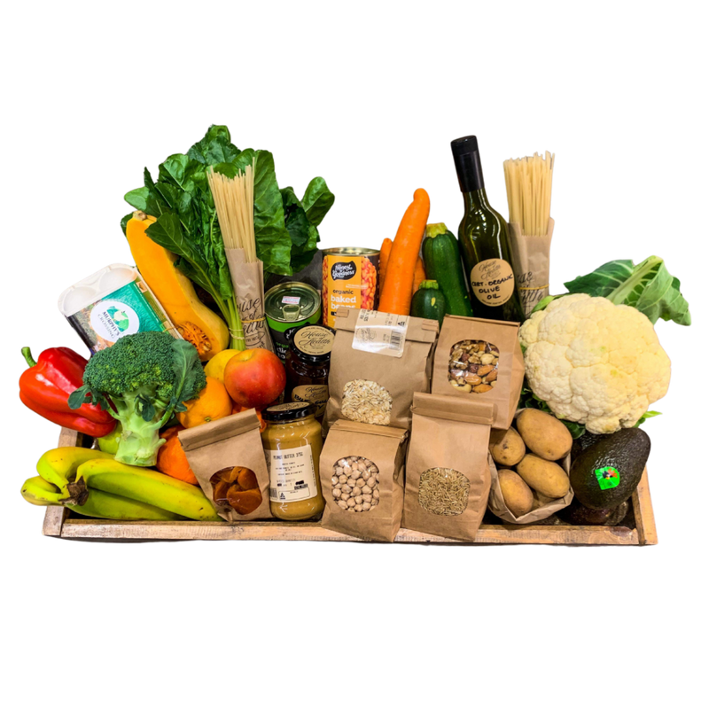 Home Essentials Box including Seasonal Certified Organic Fruit and Vegetables